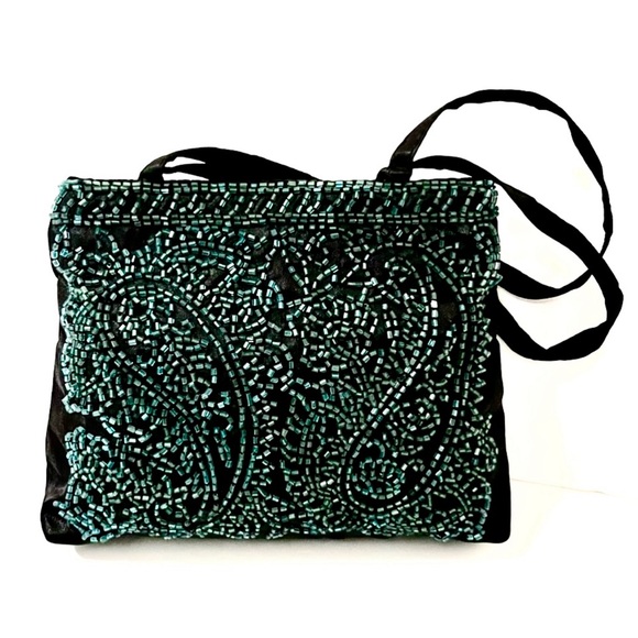 Handbags - Vintage Teal Green Beaded Evening Bag Black Satin